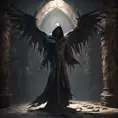 Hooded winged wraith in a dungeon, 8k, Gothic and Fantasy, Elden Ring, Photo Realistic, Dynamic Lighting by Greg Rutkowski