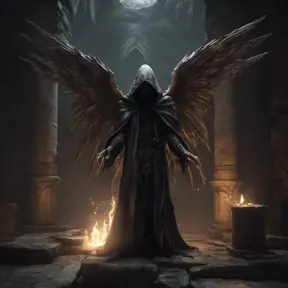 Hooded winged wraith in a dungeon, 8k, Gothic and Fantasy, Elden Ring, Photo Realistic, Dynamic Lighting by Greg Rutkowski