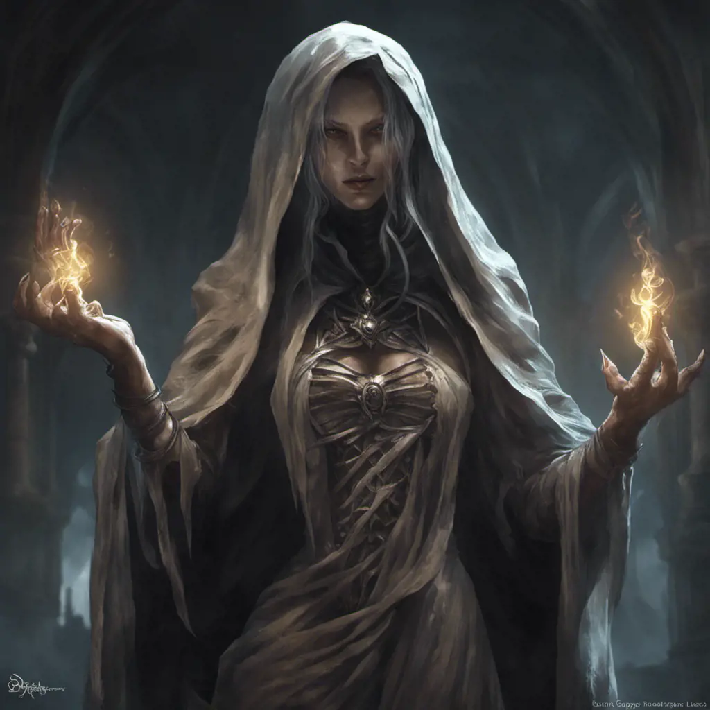 Veiled female necromancer, 8k, Gothic and Fantasy, Elden Ring, Photo Realistic, Dynamic Lighting by Stanley Artgerm Lau, Greg Rutkowski
