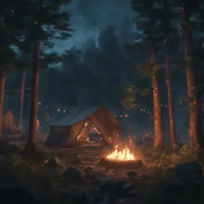 A highly detailed matte painting of a camp fire in the forest at night by studio ghibli, 4k resolution, Masterpiece, Trending on Artstation, Cyberpunk, Octane Render, Volumetric Lighting