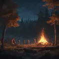 A highly detailed matte painting of a camp fire in the forest at night by studio ghibli, 4k resolution, Masterpiece, Trending on Artstation, Cyberpunk, Octane Render, Volumetric Lighting