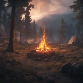 A highly detailed matte painting of a camp fire in an epic mountain forest, 4k resolution, Masterpiece, Trending on Artstation, Cyberpunk, Octane Render, Volumetric Lighting