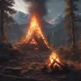 A highly detailed matte painting of a camp fire in an epic mountain forest, 4k resolution, Masterpiece, Trending on Artstation, Cyberpunk, Octane Render, Volumetric Lighting