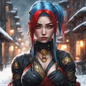 Mysterious beautiful kunoichi ninja with blue hair wearing black, red, and gold jewelry in the streets of a dark snowy town in russia, 8k, Intricate Details, Trending on Artstation, Red Hair by Stanley Artgerm Lau, WLOP