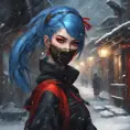 Mysterious beautiful kunoichi ninja with blue hair wearing black, red, and gold jewelry in the streets of a dark snowy town in russia, 8k, Intricate Details, Trending on Artstation, Red Hair by Stanley Artgerm Lau, WLOP