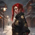 Mysterious beautiful kunoichi ninja with ashen hair wearing black and gold jewelry in the streets of a dark snowy town in russia, 8k, Intricate Details, Trending on Artstation, Red Hair by Stanley Artgerm Lau, WLOP