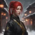 Mysterious beautiful kunoichi ninja with ashen hair wearing black and gold jewelry in the streets of a dark snowy town in russia, 8k, Intricate Details, Trending on Artstation, Red Hair by Stanley Artgerm Lau, WLOP