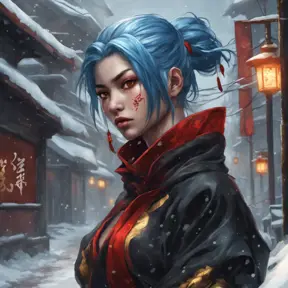 Mysterious beautiful kunoichi ninja wearing black, red and gold in the streets of a dark snowy town in russia, 8k, Intricate Details, Trending on Artstation, Blue Hair by Stanley Artgerm Lau, WLOP