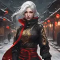 Mysterious beautiful kunoichi ninja wearing black, red and gold in the streets of a dark snowy town in russia, 8k, Intricate Details, Trending on Artstation, White Hair by Stanley Artgerm Lau, WLOP