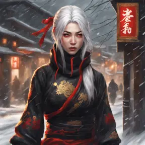 Mysterious beautiful kunoichi ninja wearing black, red and gold in the streets of a dark snowy town in russia, 8k, Intricate Details, Trending on Artstation, White Hair by Stanley Artgerm Lau, WLOP