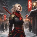 Mysterious beautiful kunoichi ninja wearing black, red and gold in the streets of a dark snowy town in russia, 8k, Intricate Details, Trending on Artstation, Blonde Hair by Stanley Artgerm Lau, WLOP