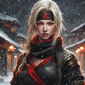 Mysterious beautiful kunoichi ninja wearing black, red and gold in the streets of a dark snowy town in russia, 8k, Intricate Details, Trending on Artstation, Blonde Hair by Stanley Artgerm Lau, WLOP