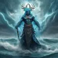 A celestial Blue-skinned God of the Seas, Storms, and Exploring emanating power of the seas, wearing half-leather, shrouded in storms in the style of digital art, 8k, Fantasy