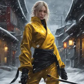 Mysterious beautiful kill bill ninja in the streets of a dark snowy town, 8k, Intricate Details, Trending on Artstation, Beautiful, Stunning, Centered by Stanley Artgerm Lau, WLOP