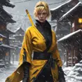 Mysterious beautiful kill bill ninja in the streets of a dark snowy town, 8k, Intricate Details, Trending on Artstation, Beautiful, Stunning, Centered by Stanley Artgerm Lau, WLOP