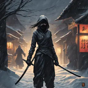 Silhouette of a mysterious kill bill ninja in the streets of a dark snowy town, 8k, Intricate Details, Trending on Artstation, Beautiful, Stunning, Centered by Stanley Artgerm Lau, WLOP