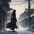 Silhouette of a mysterious kill bill ninja in the streets of a dark snowy town, 8k, Intricate Details, Trending on Artstation, Beautiful, Stunning, Centered by Stanley Artgerm Lau, WLOP