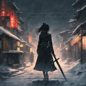 Silhouette of a mysterious Gogo Yubari kill bill ninja in a dark snowy town in Tokyo, 8k, Intricate Details, Trending on Artstation, Beautiful, Stunning, Centered by Stanley Artgerm Lau, WLOP