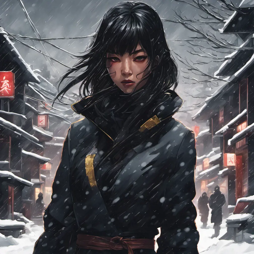 Silhouette of a mysterious Gogo Yubari kill bill ninja in a dark snowy town in Tokyo, 8k, Intricate Details, Trending on Artstation, Beautiful, Stunning, Centered by Stanley Artgerm Lau, WLOP