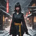 A mysterious Gogo Yubari kill bill ninja in a dark snowy Tokyo town, 8k, Intricate Details, Trending on Artstation, Beautiful, Stunning, Centered by Stanley Artgerm Lau, WLOP