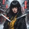 A mysterious Gogo Yubari kill bill ninja in a dark snowy Tokyo town, 8k, Intricate Details, Trending on Artstation, Beautiful, Stunning, Centered by Stanley Artgerm Lau, WLOP