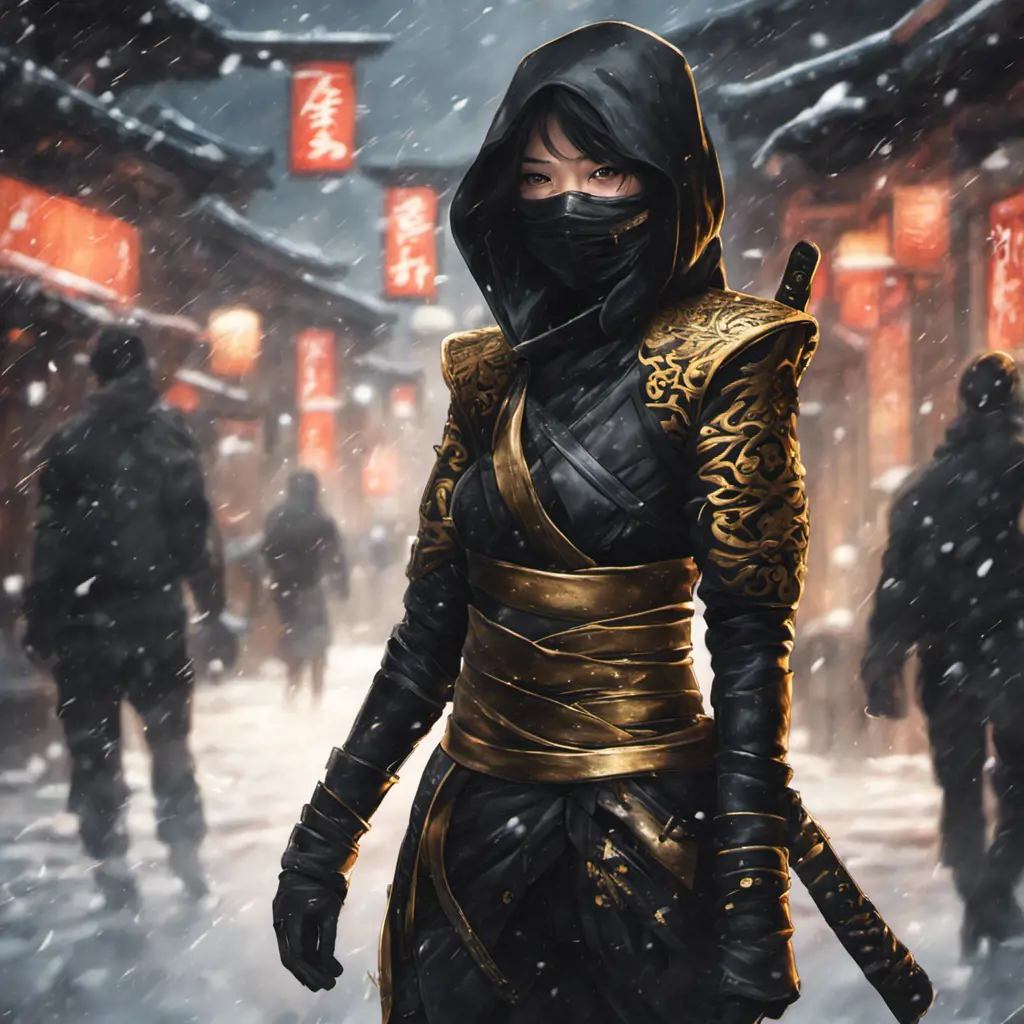 Silhouette of a mysterious beautiful armed kunoichi ninja wearing black leather and gold in the streets of dark snowy tokyo, 8k, Intricate Details, Trending on Artstation, Beautiful, Stunning, Centered by Stanley Artgerm Lau, WLOP
