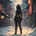 Silhouette of a mysterious beautiful armed kunoichi ninja wearing black leather and gold in the streets of dark snowy tokyo, 8k, Intricate Details, Trending on Artstation, Beautiful, Stunning, Centered by Stanley Artgerm Lau, WLOP