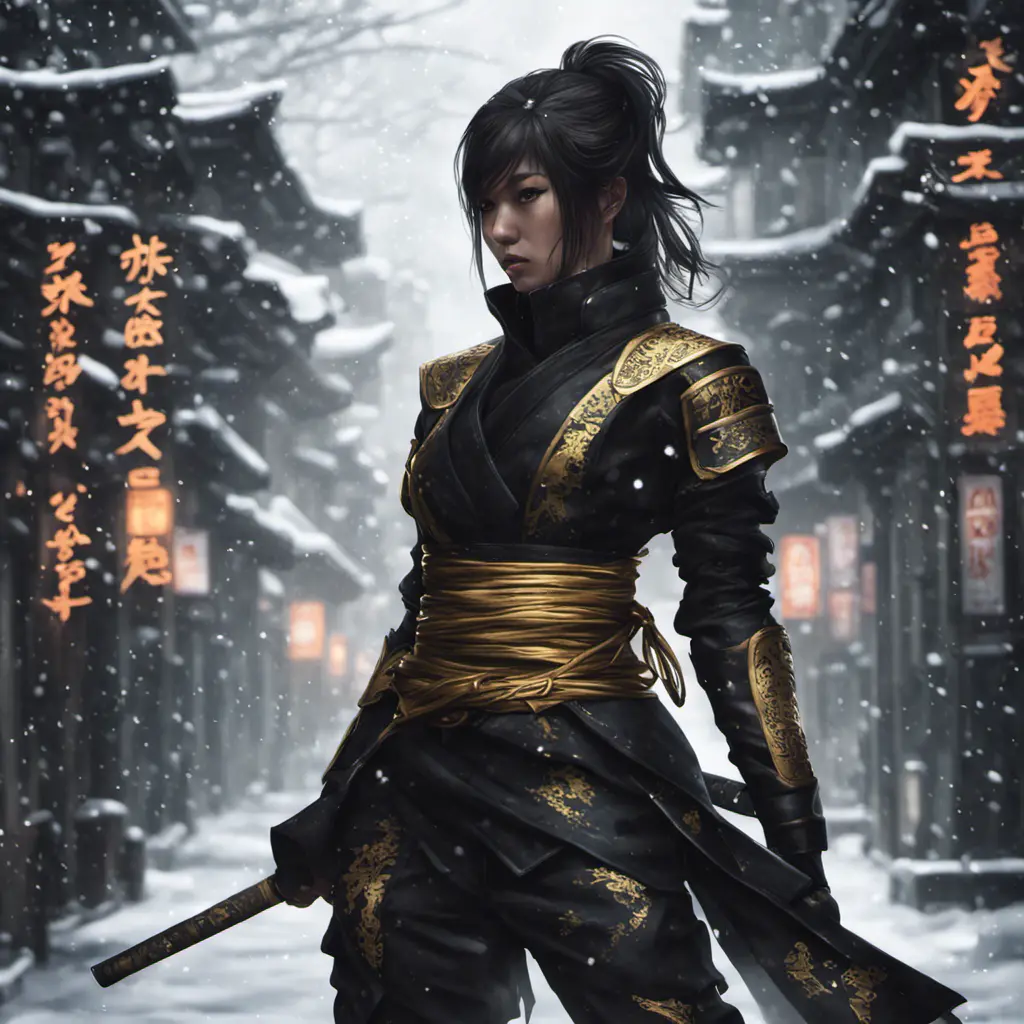 Silhouette of a mysterious beautiful armed kunoichi ninja wearing black leather and gold in the streets of dark snowy tokyo, 8k, Intricate Details, Trending on Artstation, Beautiful, Stunning, Centered by Stanley Artgerm Lau, WLOP