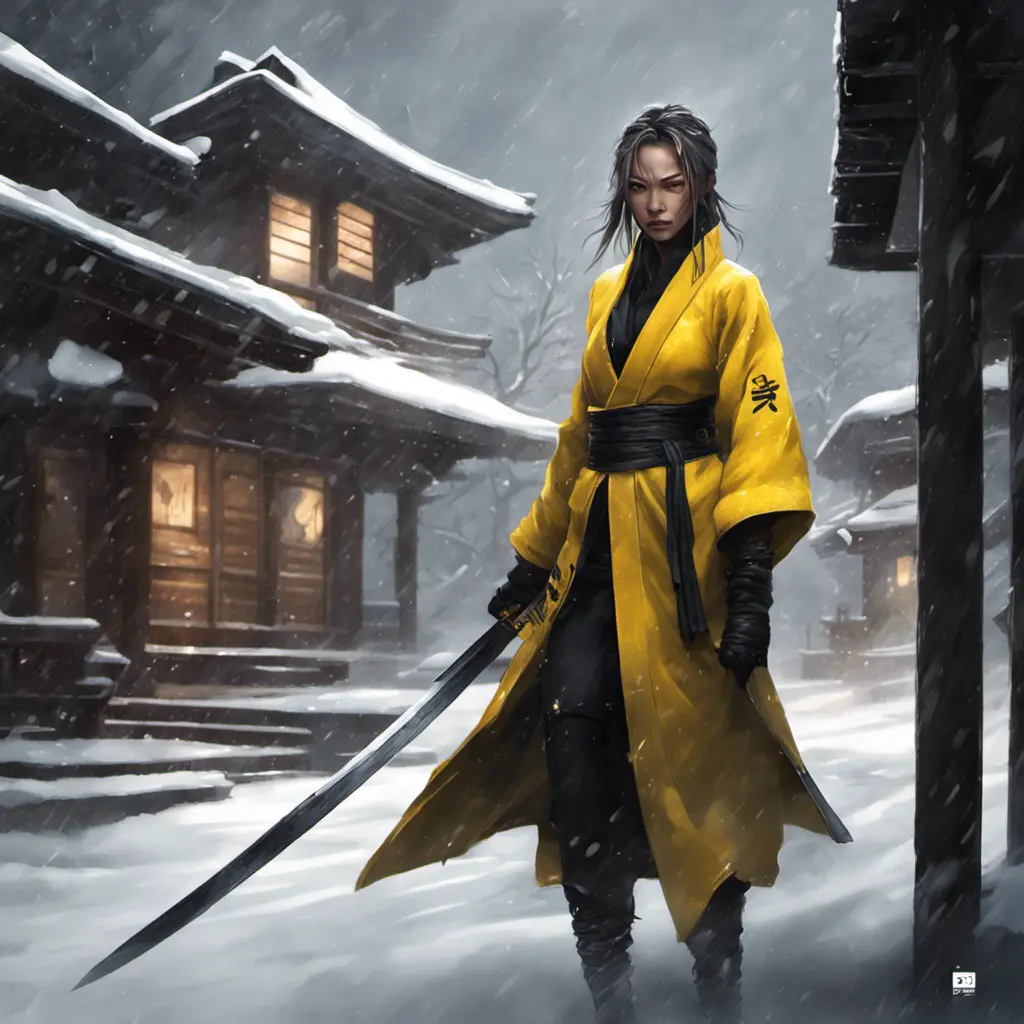 Mysterious beautiful kill bill ninja in the streets of a dark snowy town, 8k, Intricate Details, Trending on Artstation, Beautiful, Stunning, Centered by Stanley Artgerm Lau, WLOP