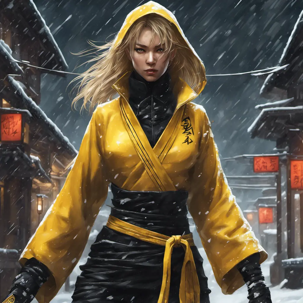 Mysterious beautiful kill bill ninja in the streets of a dark snowy town, 8k, Intricate Details, Trending on Artstation, Beautiful, Stunning, Centered by Stanley Artgerm Lau, WLOP