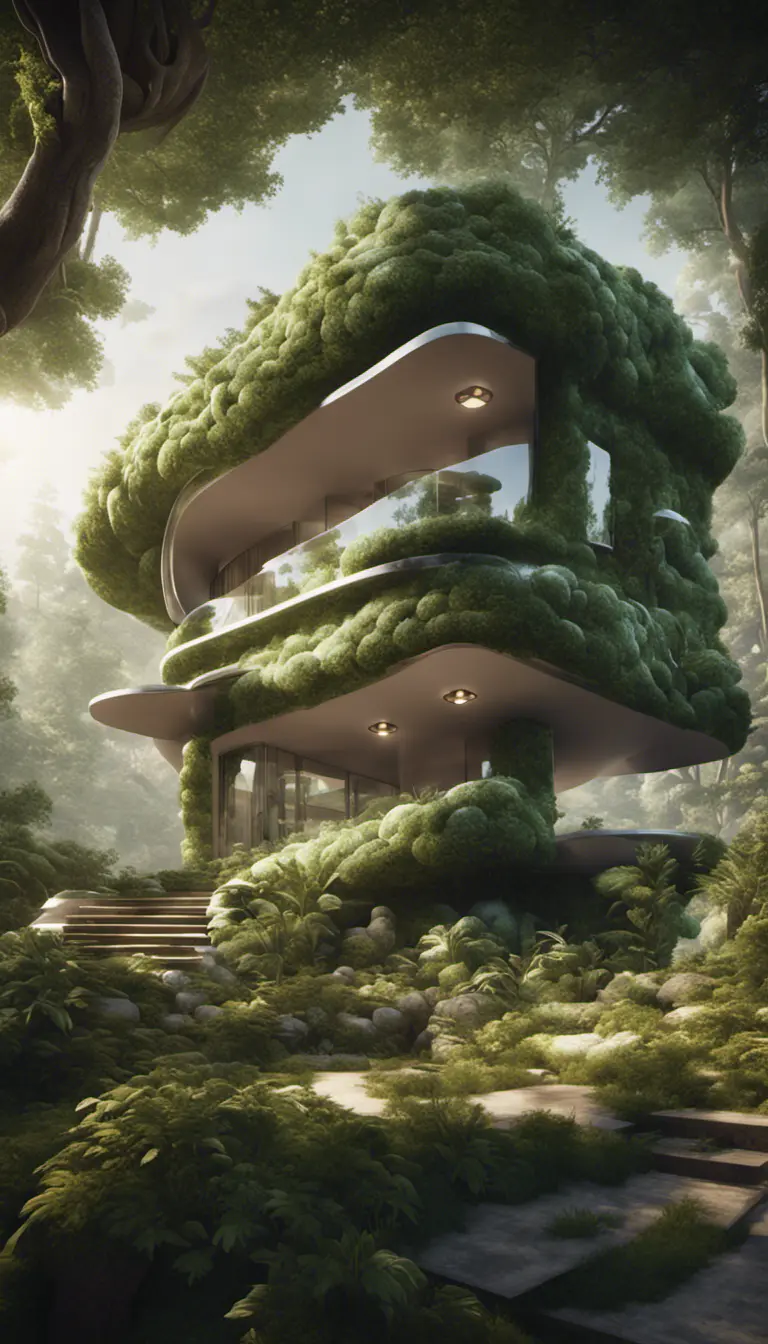 Beautiful futuristic organic house made from imaginary plants in a forest, 8k, Award-Winning, Highly Detailed, Beautiful, Epic, Octane Render, Unreal Engine, Radiant, Volumetric Lighting by Greg Rutkowski