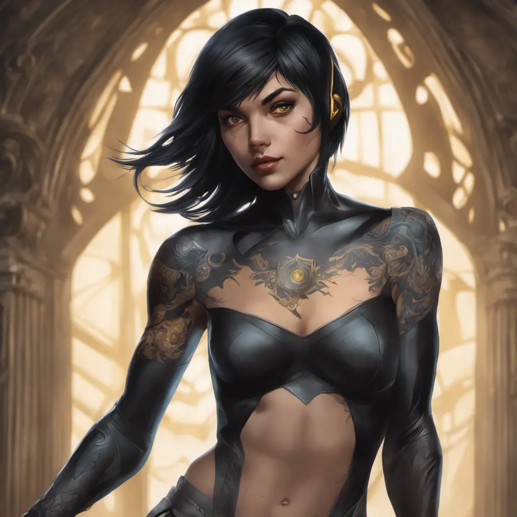 Matte portrait of Cassandra Cain with tattoos, 8k, Highly Detailed, Alluring, Artstation, Bokeh effect, Sharp Focus, Volumetric Lighting, Concept Art by Stanley Artgerm Lau, Alphonse Mucha, Greg Rutkowski