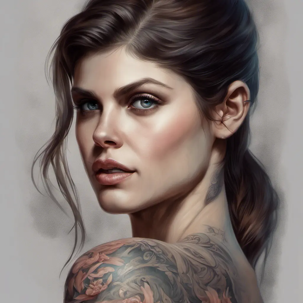 Matte portrait of Alexandra Daddario with tattoos, 8k, Highly Detailed, Powerful, Alluring, Artstation, Magical, Digital Painting, Photo Realistic, Sharp Focus, Volumetric Lighting, Concept Art by Stanley Artgerm Lau, Alphonse Mucha, Greg Rutkowski