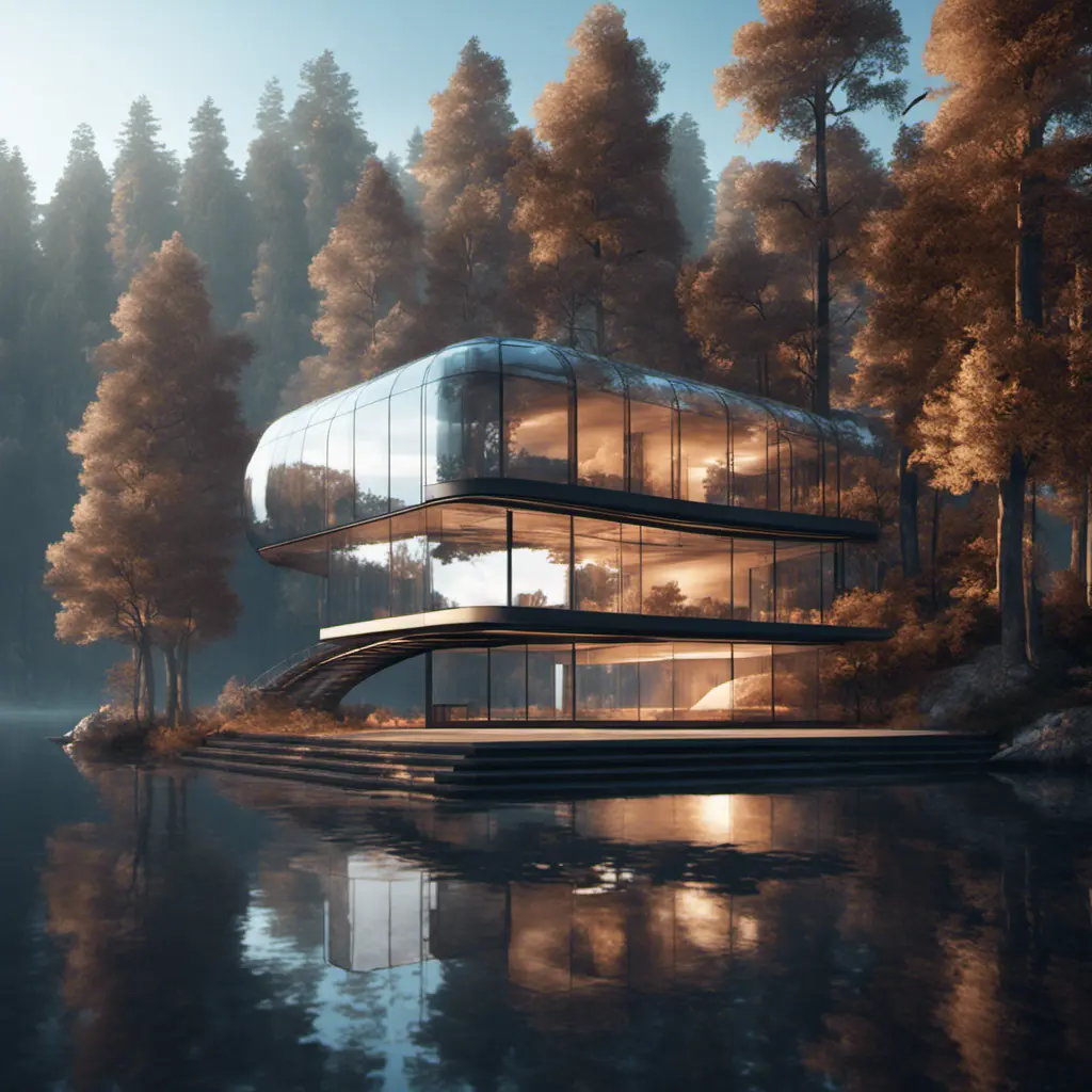 Beautiful futuristic architectural glass house in the forest on a large lake, 8k, Award-Winning, Highly Detailed, Beautiful, Epic, Octane Render, Unreal Engine, Radiant, Volumetric Lighting by Archillect