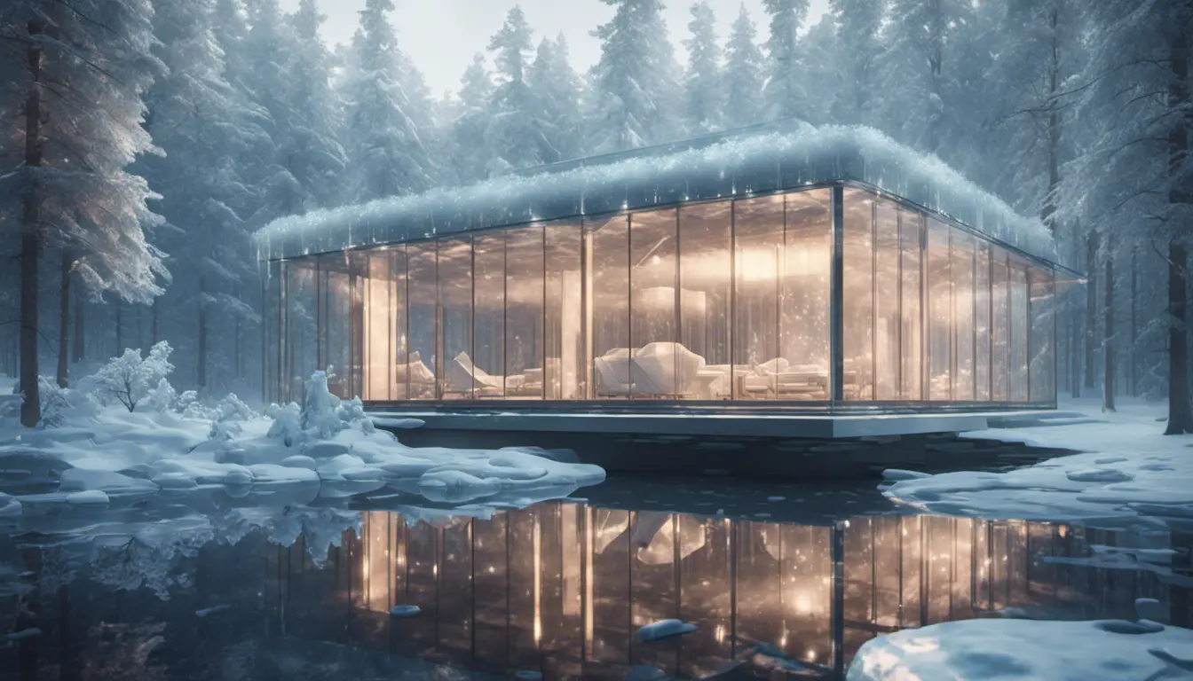 Beautiful futuristic architectural bright lit glass house in the forest on a large frozen lake, 8k, Award-Winning, Highly Detailed, Beautiful, Epic, Octane Render, Unreal Engine, Radiant, Volumetric Lighting by Greg Rutkowski