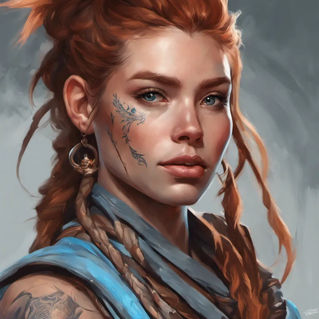 Matte portrait of Aloy with tattoos, 8k, Highly Detailed, Powerful, Alluring, Artstation, Magical, Digital Painting, Photo Realistic, Sharp Focus, Volumetric Lighting, Concept Art by Stanley Artgerm Lau, Alphonse Mucha, Greg Rutkowski