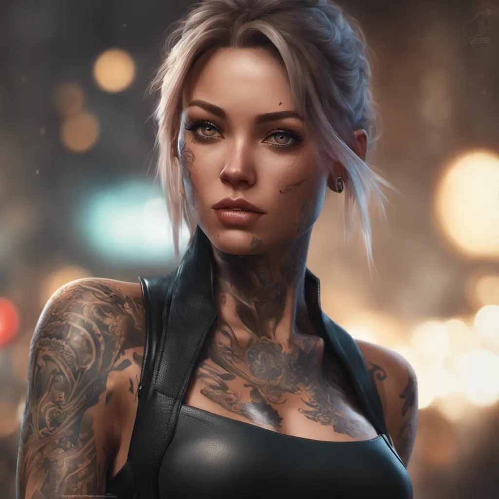 Matte portrait of A2 with tattoos, 8k, Highly Detailed, Alluring, Artstation, Bokeh effect, Sharp Focus, Volumetric Lighting, Concept Art by Stanley Artgerm Lau, Greg Rutkowski