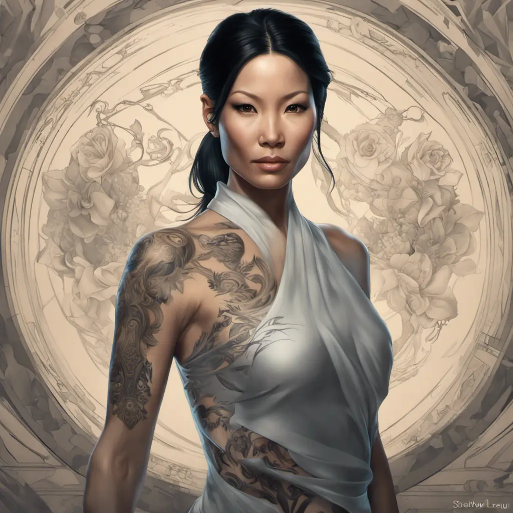 Matte portrait of Lucy Liu with tattoos, 8k, Highly Detailed, Powerful, Alluring, Artstation, Magical, Digital Painting, Photo Realistic, Sharp Focus, Volumetric Lighting, Concept Art by Stanley Artgerm Lau, Alphonse Mucha, Greg Rutkowski