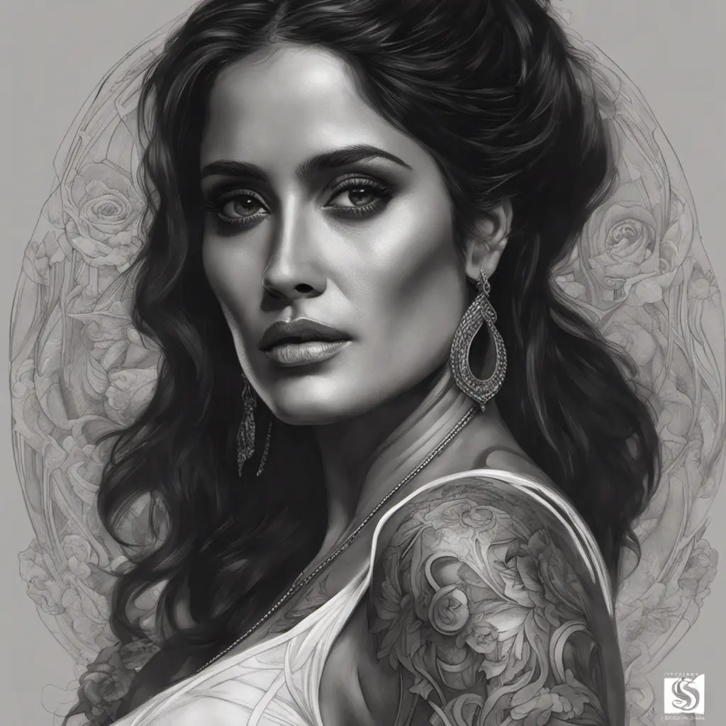 Matte portrait of Salma Hayek with tattoos, 8k, Highly Detailed, Powerful, Alluring, Artstation, Magical, Digital Painting, Photo Realistic, Sharp Focus, Volumetric Lighting, Concept Art by Stanley Artgerm Lau, Alphonse Mucha, Greg Rutkowski