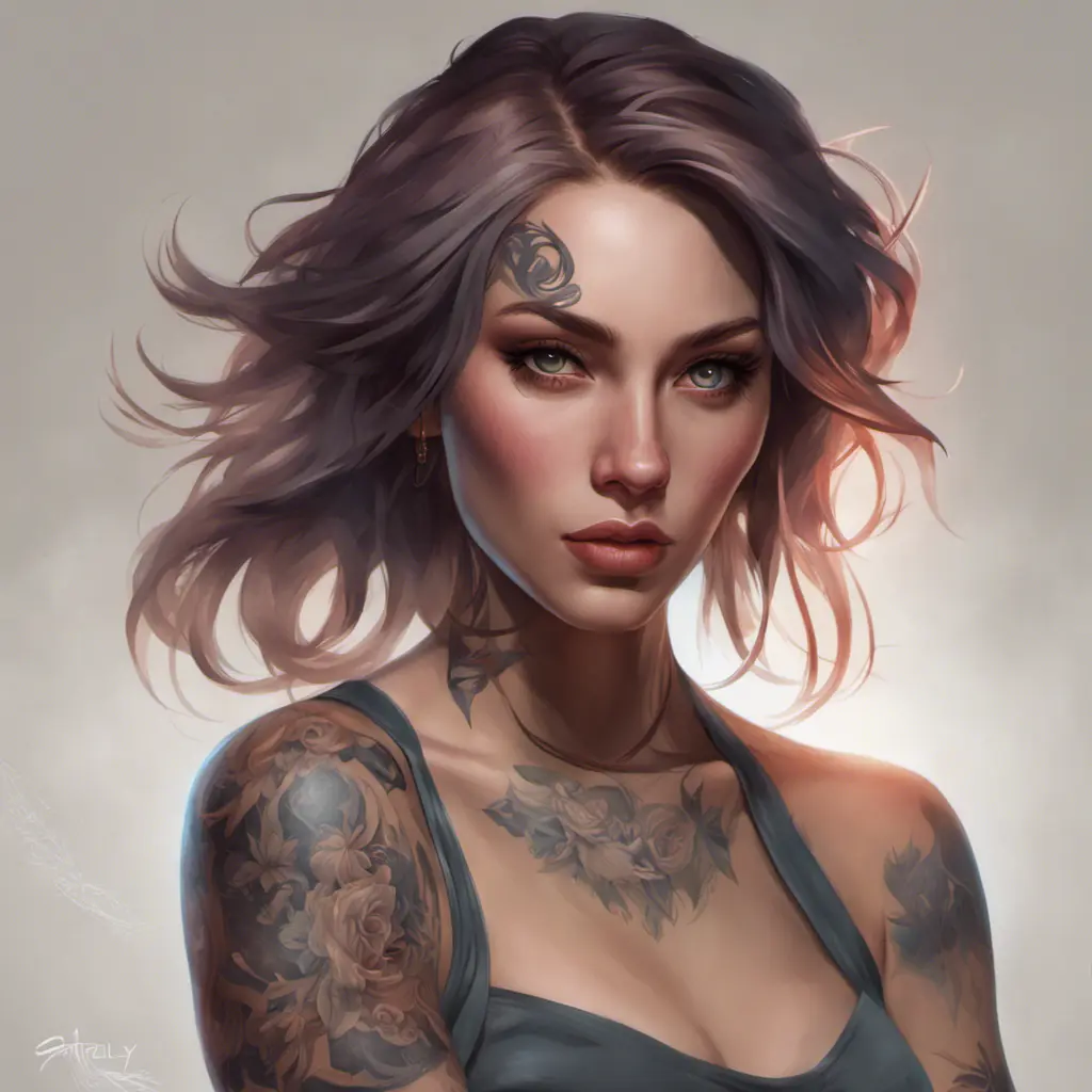 Matte portrait of Quinn with tattoos, 8k, Highly Detailed, Powerful, Alluring, Artstation, Magical, Digital Painting, Photo Realistic, Sharp Focus, Volumetric Lighting, Concept Art by Stanley Artgerm Lau, Alphonse Mucha, Greg Rutkowski