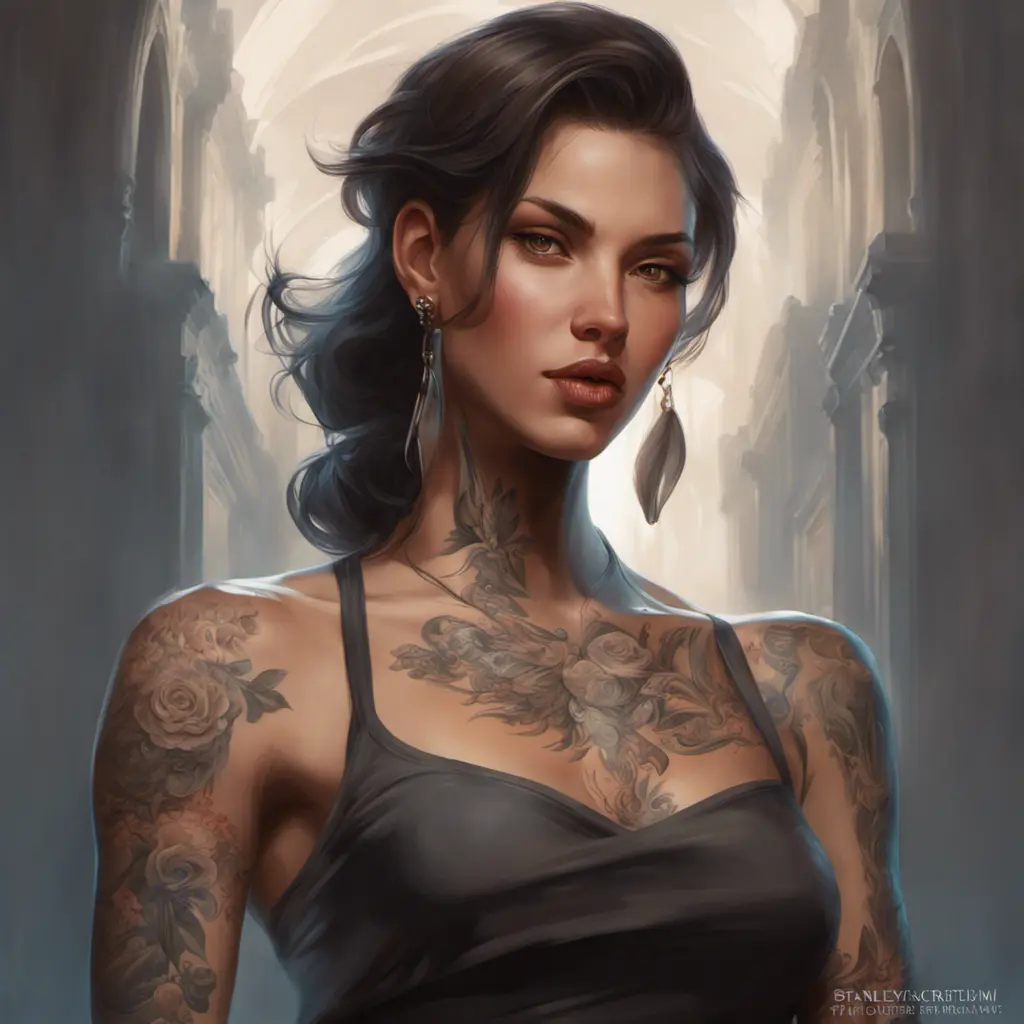 Matte portrait of A2 with tattoos, 8k, Highly Detailed, Powerful, Alluring, Artstation, Magical, Digital Painting, Photo Realistic, Sharp Focus, Volumetric Lighting, Concept Art by Stanley Artgerm Lau, Alphonse Mucha, Greg Rutkowski