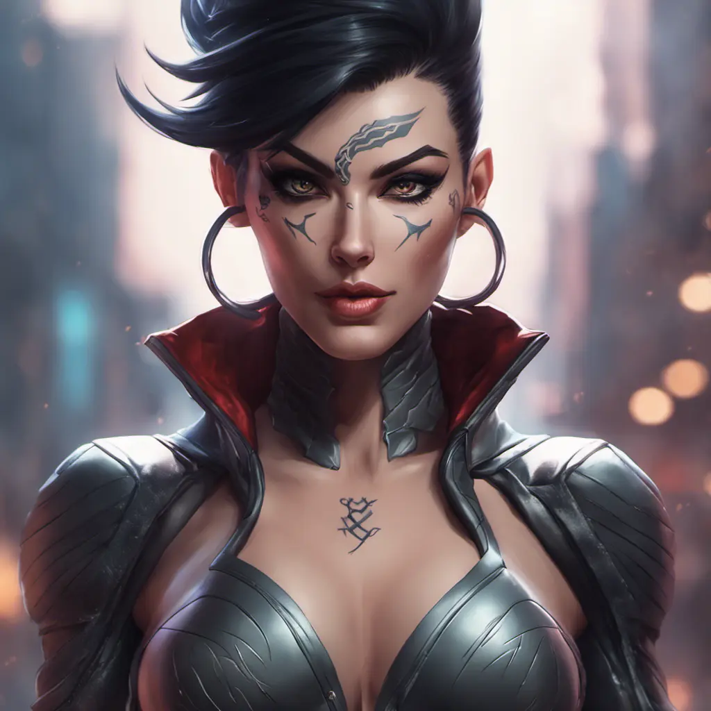 Matte portrait of Vayne with tattoos, 8k, Highly Detailed, Alluring, Artstation, Bokeh effect, Sharp Focus, Volumetric Lighting, Concept Art by Stanley Artgerm Lau, Greg Rutkowski