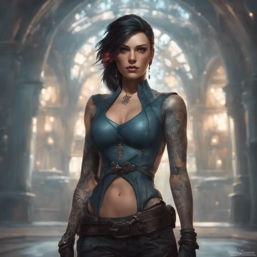 Matte portrait of Vex with tattoos, 8k, Highly Detailed, Alluring, Artstation, Bokeh effect, Sharp Focus, Volumetric Lighting, Concept Art by Stanley Artgerm Lau, Greg Rutkowski