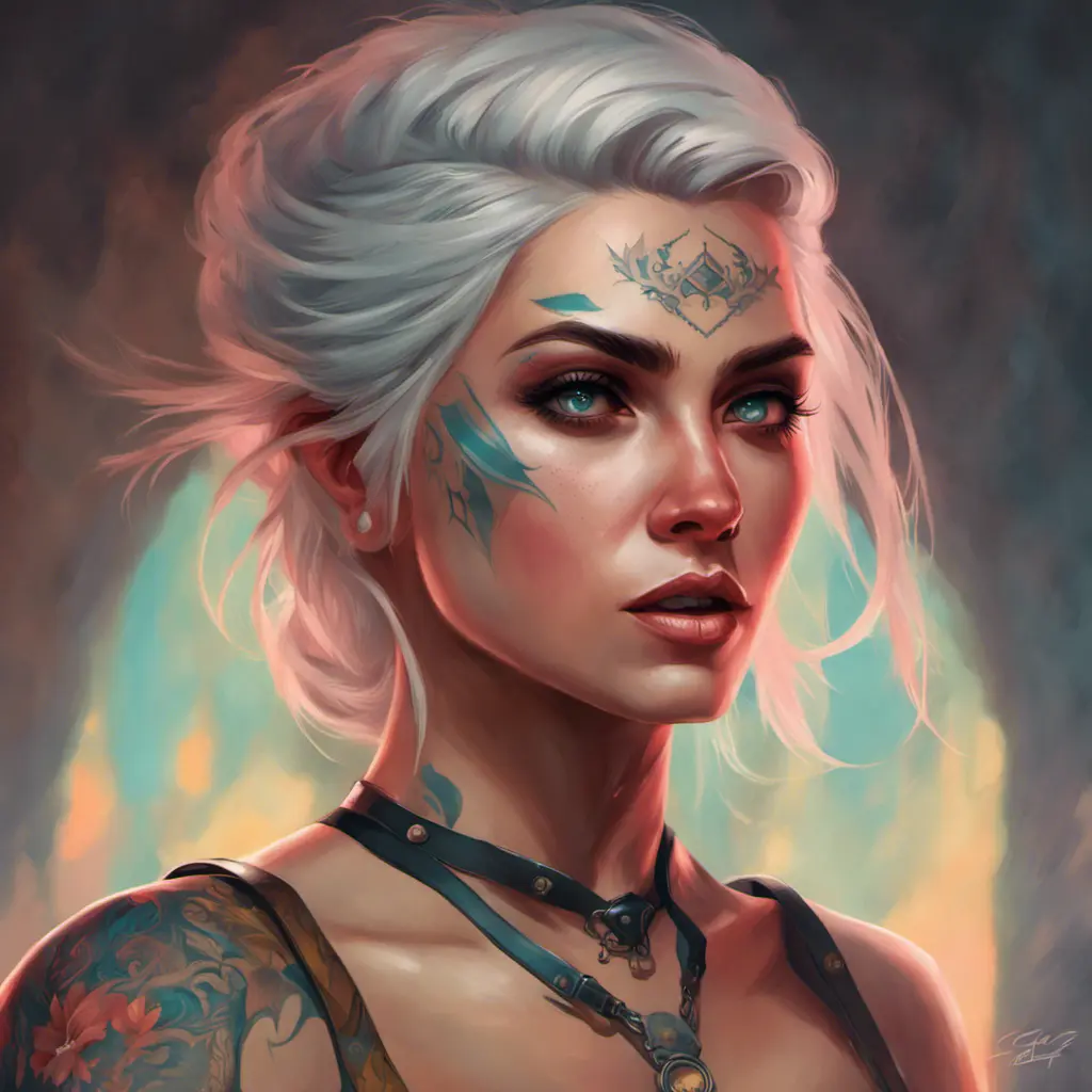 Matte portrait of a colorful tattooed Ciri, 4k, Highly Detailed, Hyper Detailed, Powerful, Artstation, Vintage Illustration, Digital Painting, Sharp Focus, Smooth, Volumetric Lighting, Concept Art by Stanley Artgerm Lau, Greg Rutkowski