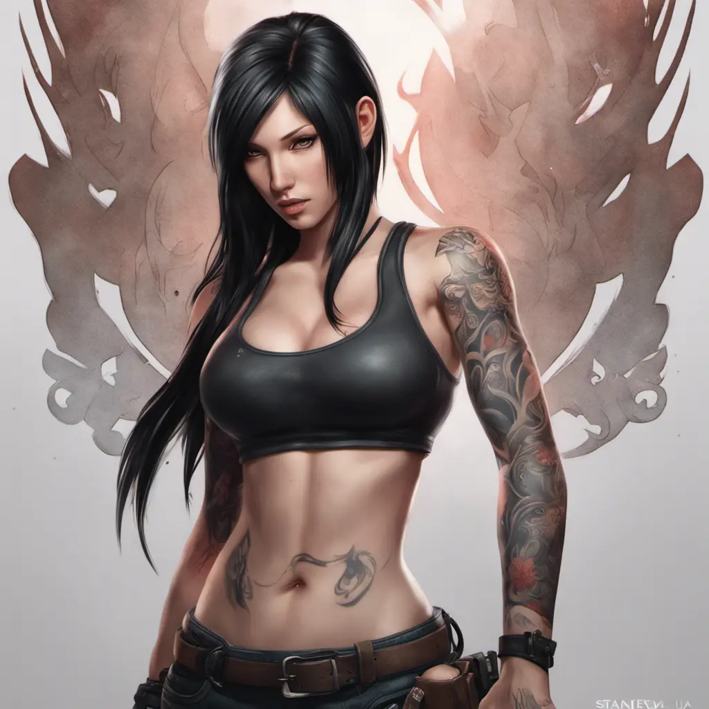 Matte portrait of Tifa Lockhart with tattoos, 8k, Highly Detailed, Powerful, Alluring, Artstation, Magical, Digital Painting, Photo Realistic, Sharp Focus, Volumetric Lighting, Concept Art by Stanley Artgerm Lau, Alphonse Mucha, Greg Rutkowski