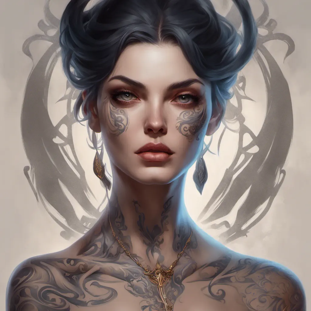 Matte portrait of Morgana with tattoos, 8k, Highly Detailed, Powerful, Alluring, Artstation, Magical, Digital Painting, Photo Realistic, Sharp Focus, Volumetric Lighting, Concept Art by Stanley Artgerm Lau, Alphonse Mucha, Greg Rutkowski