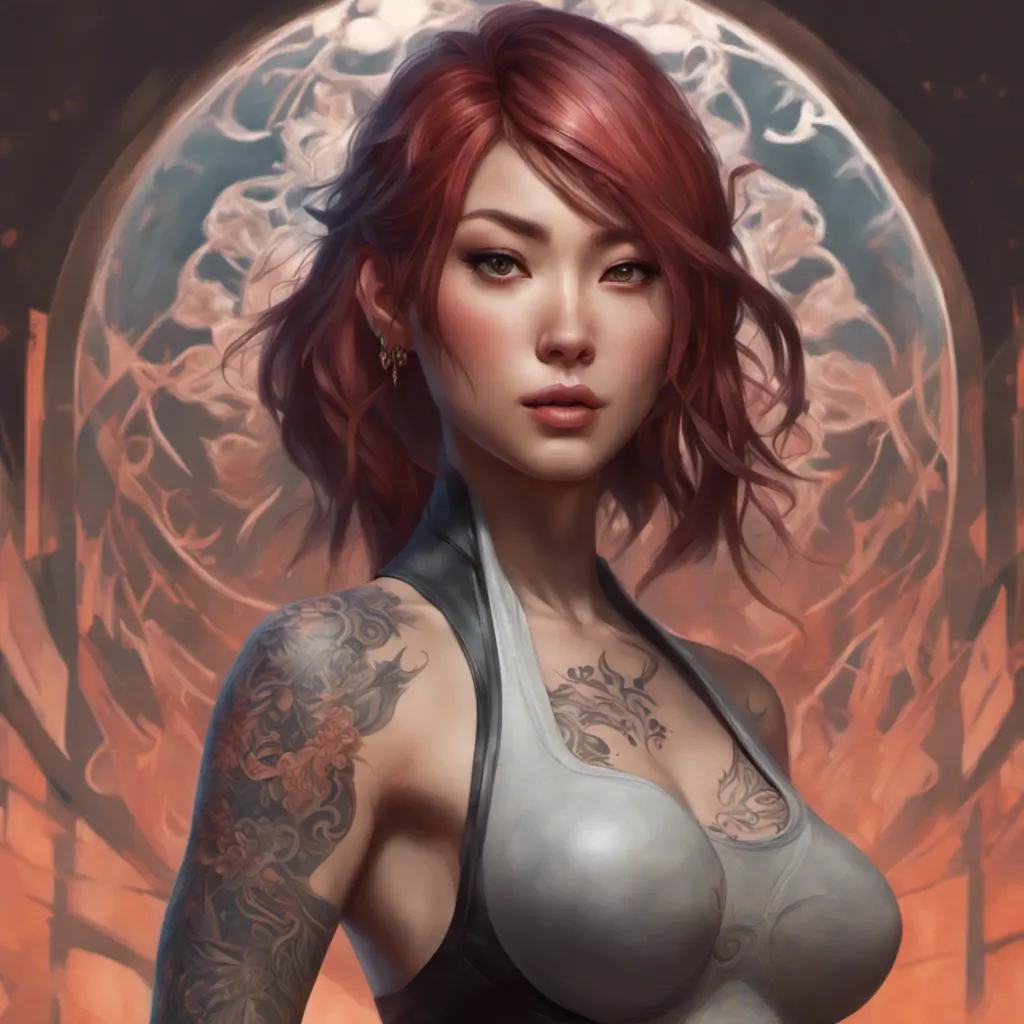 Matte portrait of Kasumi with tattoos, 8k, Highly Detailed, Powerful, Alluring, Artstation, Magical, Digital Painting, Photo Realistic, Sharp Focus, Volumetric Lighting, Concept Art by Stanley Artgerm Lau, Alphonse Mucha, Greg Rutkowski