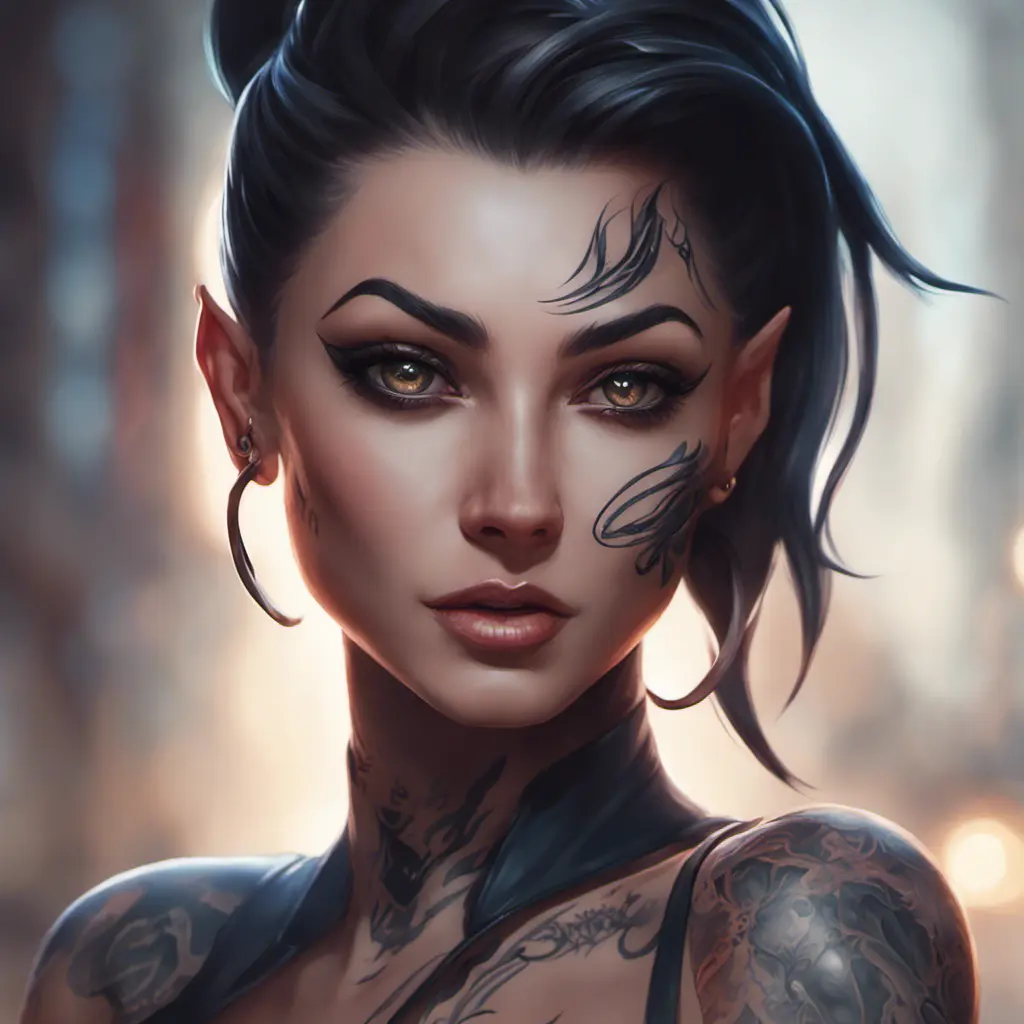 Matte portrait of Vayne with tattoos, 8k, Highly Detailed, Alluring, Artstation, Bokeh effect, Sharp Focus, Volumetric Lighting, Concept Art by Stanley Artgerm Lau, Greg Rutkowski