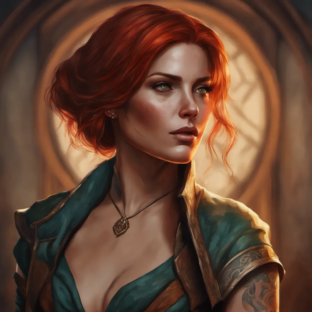 Matte portrait of Triss Merigold with tattoos, 8k, Highly Detailed, Powerful, Alluring, Artstation, Magical, Digital Painting, Photo Realistic, Sharp Focus, Volumetric Lighting, Concept Art by Stanley Artgerm Lau, Alphonse Mucha, Greg Rutkowski