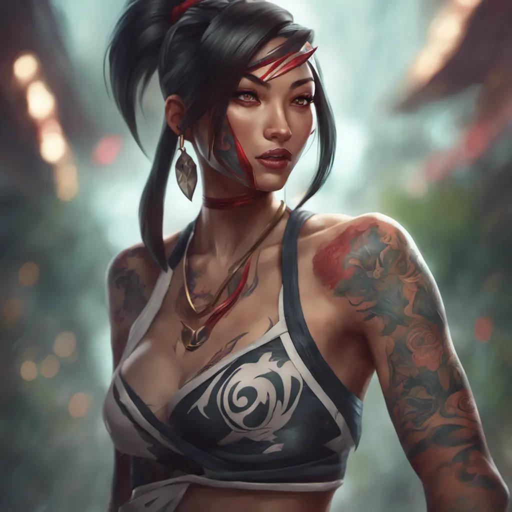 Matte portrait of Akali with tattoos, 8k, Highly Detailed, Alluring, Artstation, Bokeh effect, Sharp Focus, Volumetric Lighting, Concept Art by Stanley Artgerm Lau, Greg Rutkowski